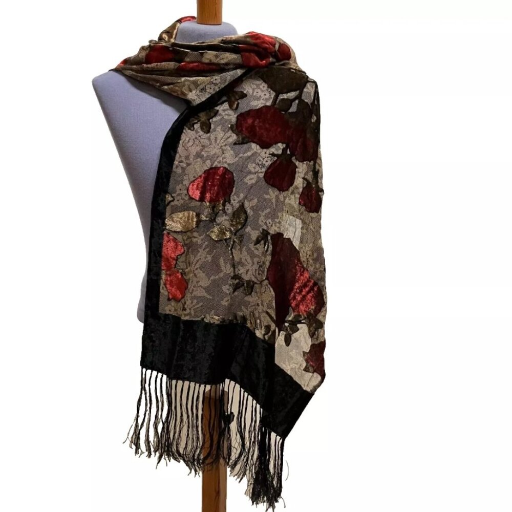 Burnout Velvet Scarf Long Shawl Wrap with Fringed Ends Burgundy Rose